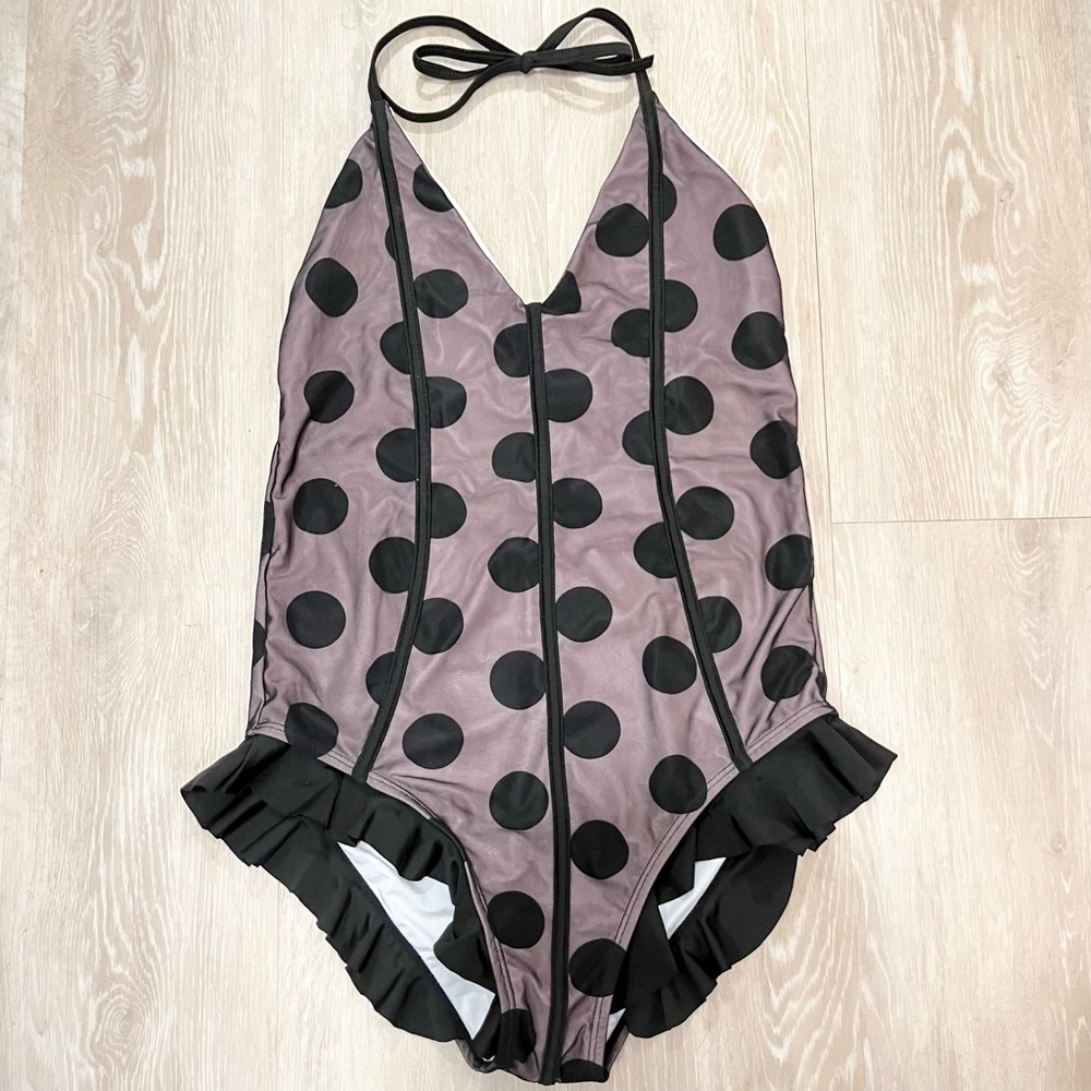 Mesh polkadot one piece halter swimsuit with satiny frills